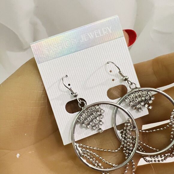 Rhinestone Dangle Earrings Drop Pierced Silver Tone Circle Bead Chains 2.5” - Picture 3 of 8